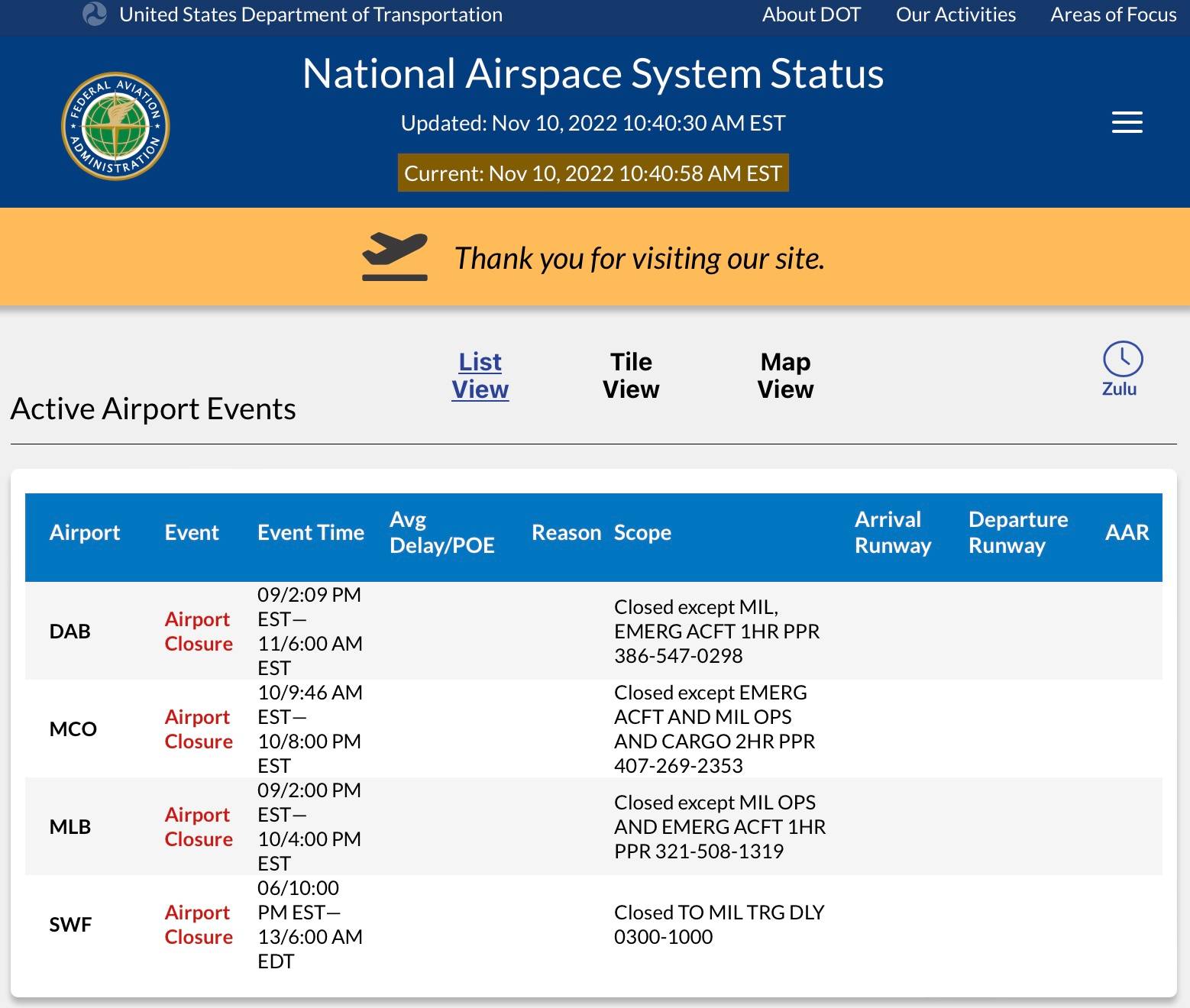 FAA website suggests Orlando International Airport will reopen from Hurricane Nicole later today