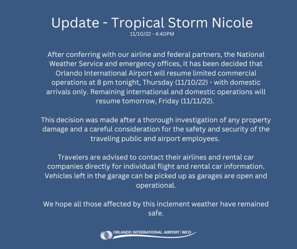 Orlando International Airport confirms it will resume operations tonight