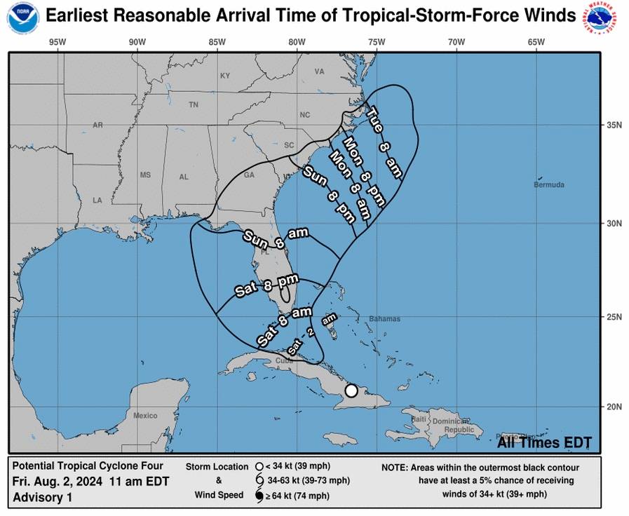 Arrival of Tropical Storm Force Winds