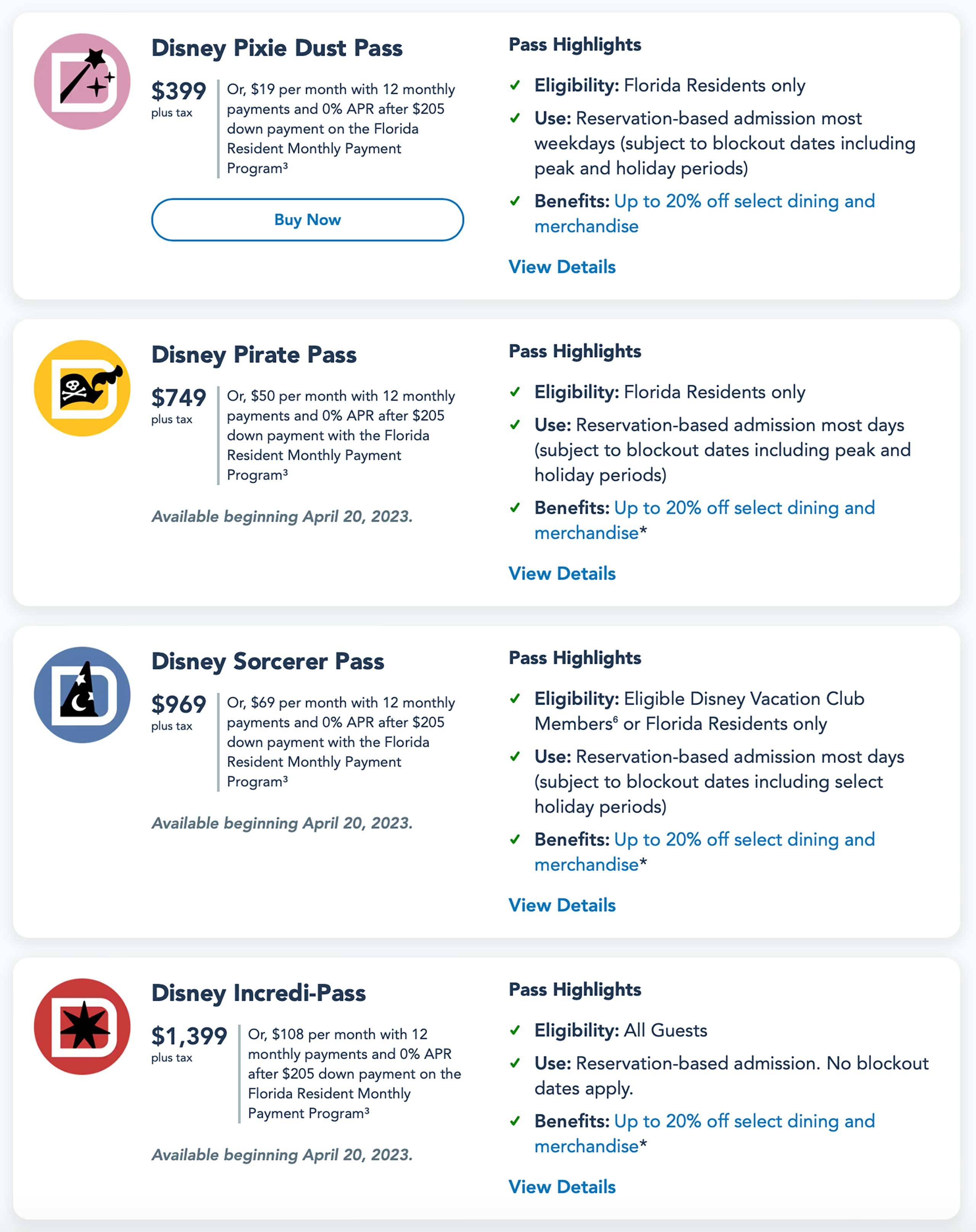 Walt Disney World Annual Pass comparison 2023