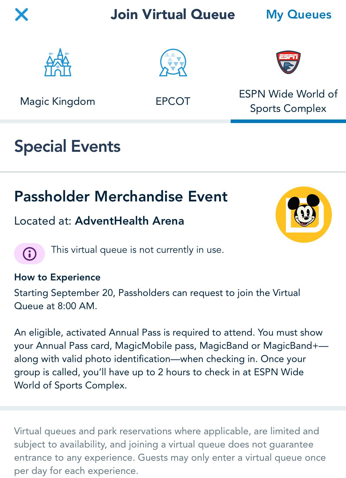 Virtual Queue added to My Disney Experience for Passholder exclusive merchandise event