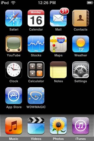 The home screen of an Apple Touch showing the WDWMAGIC icon.