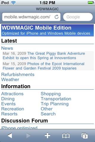 The WDWMAGIC Mobile home screen.