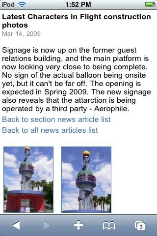 One of the news articles (including the photo gallery) displayed on WDWMAGIC Mobile.