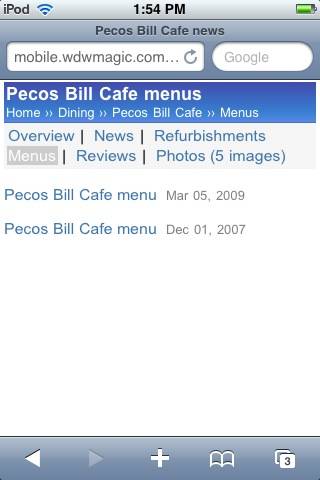 The Pecos Bill menu listing screen.