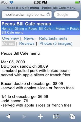 Pecos Bill Menu details displayed on WDWMAGIC Mobile.