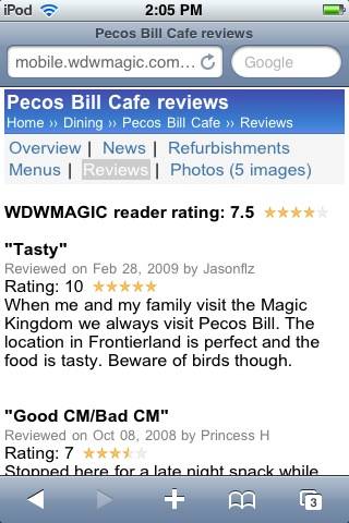 Pecos Bill reader ratings and reviews displayed on WDWMAGIC Mobile.