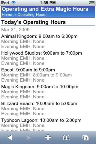 WDWMAGIC Mobile now features Park hours and Extra Magic Hours