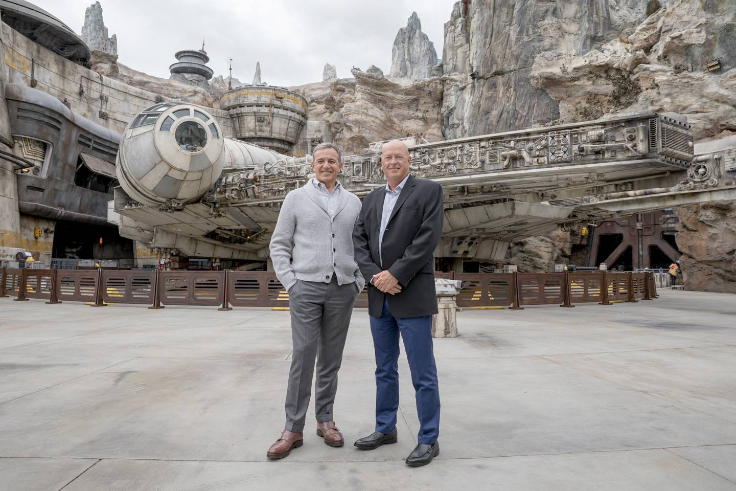 Bob Chapek (right) pictured at Star Wars Galaxy's Edge just prior to the COVID-19 shutdown that moved Disney employees to work remotely