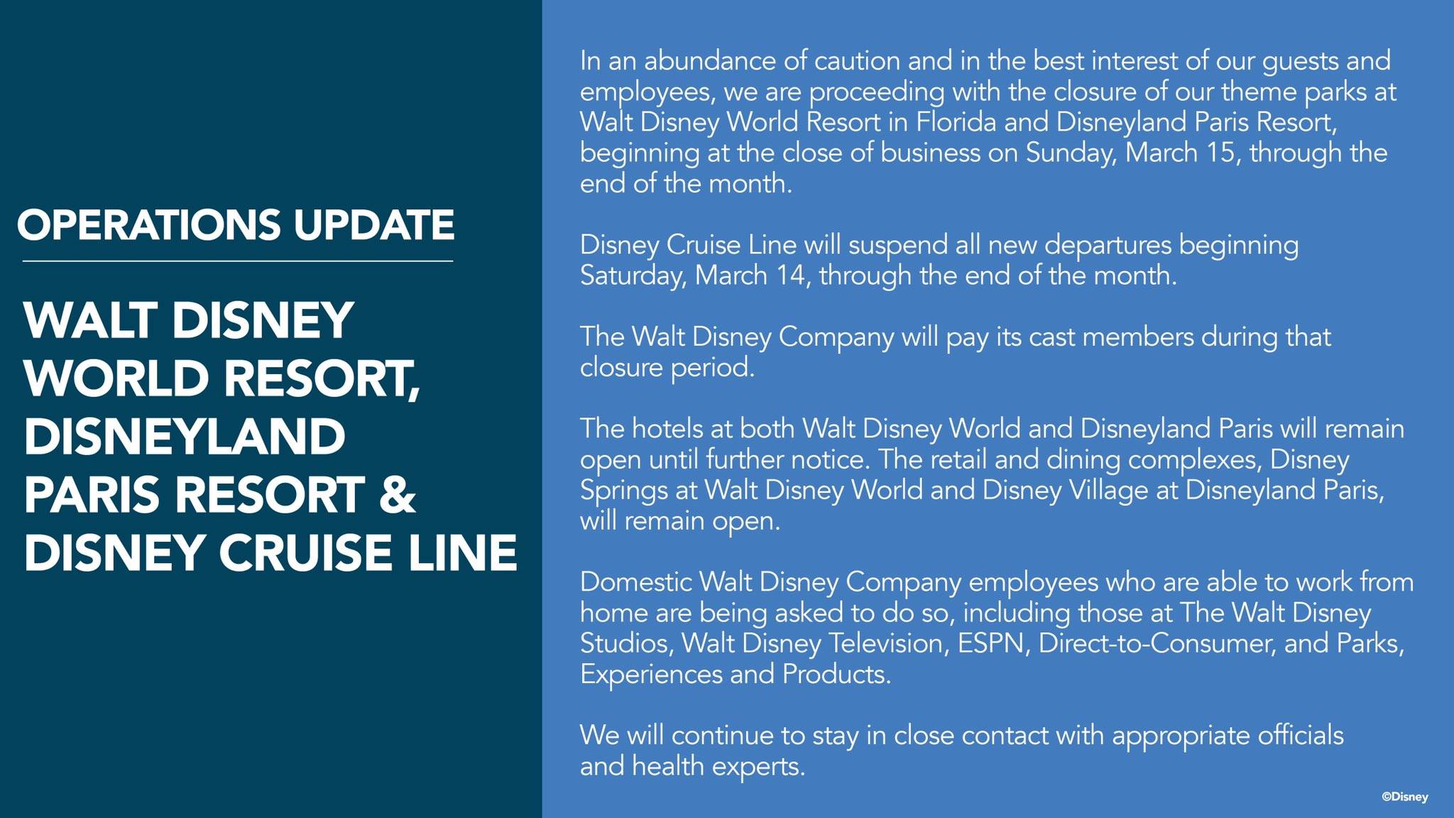 Walt Disney World to close theme parks at the end of March 15 through the end of March