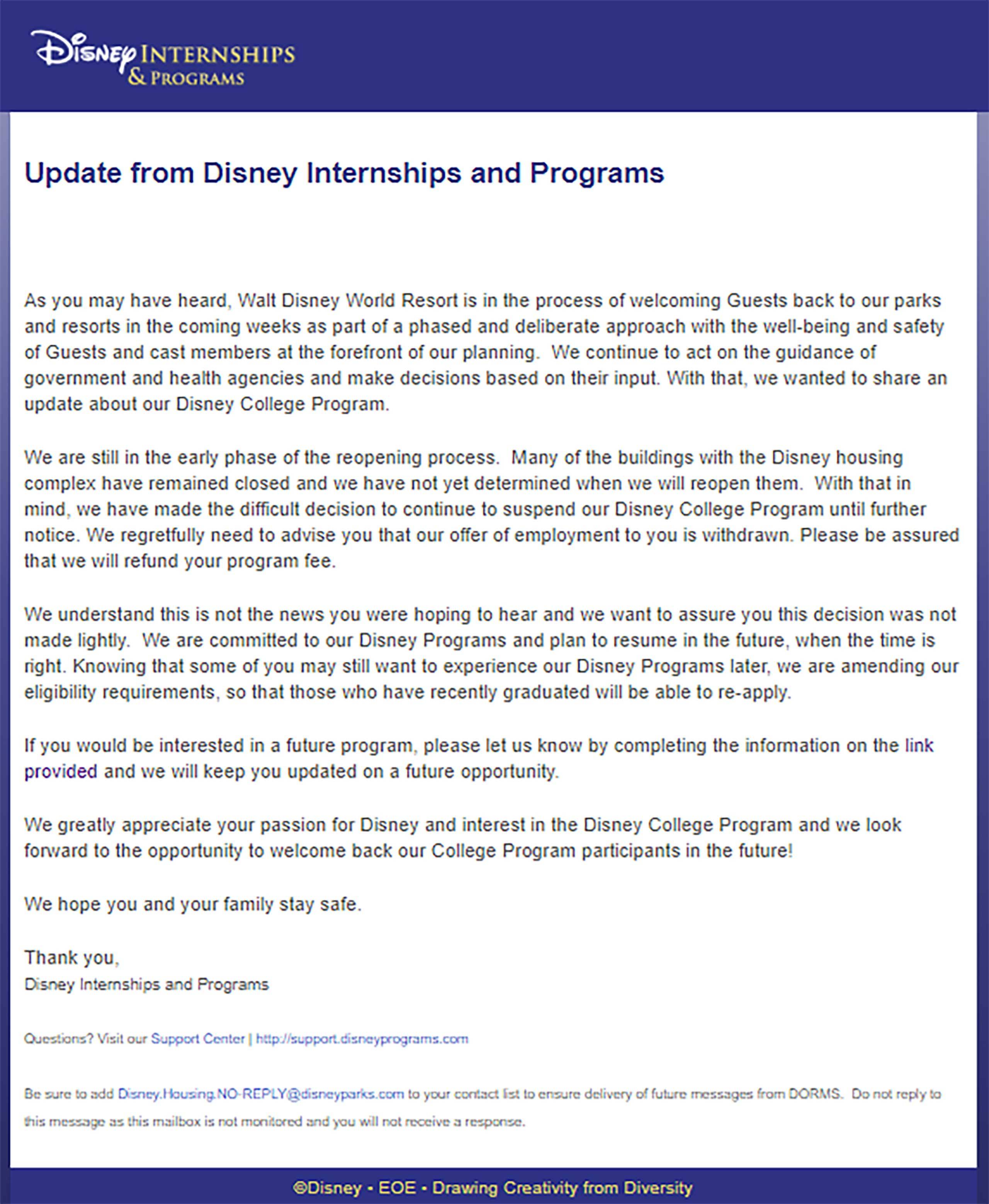 Disney College Program update July 2020