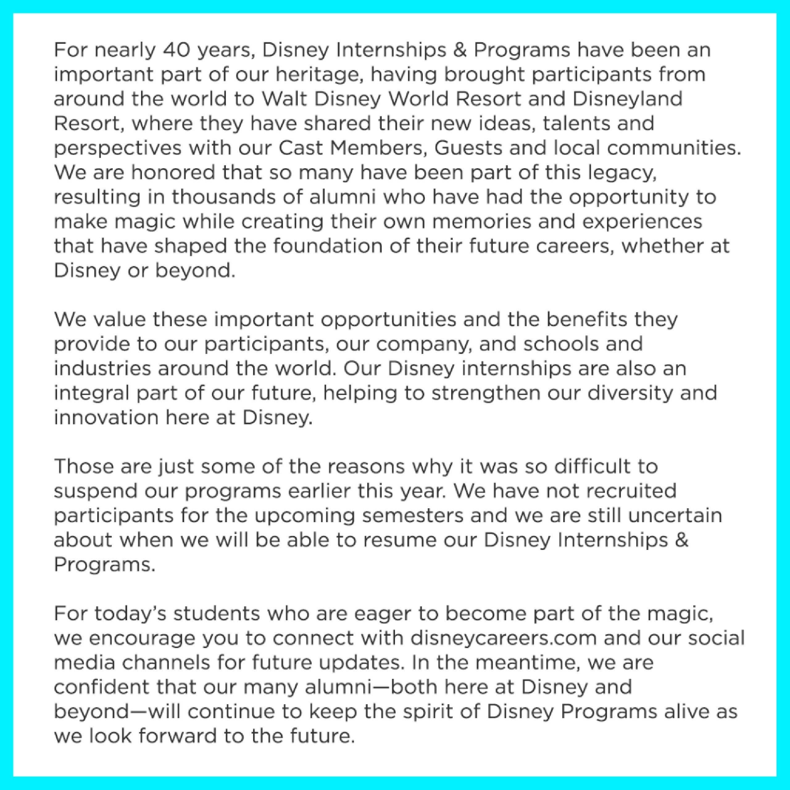 Disney Internships and Programs updates - December 2020