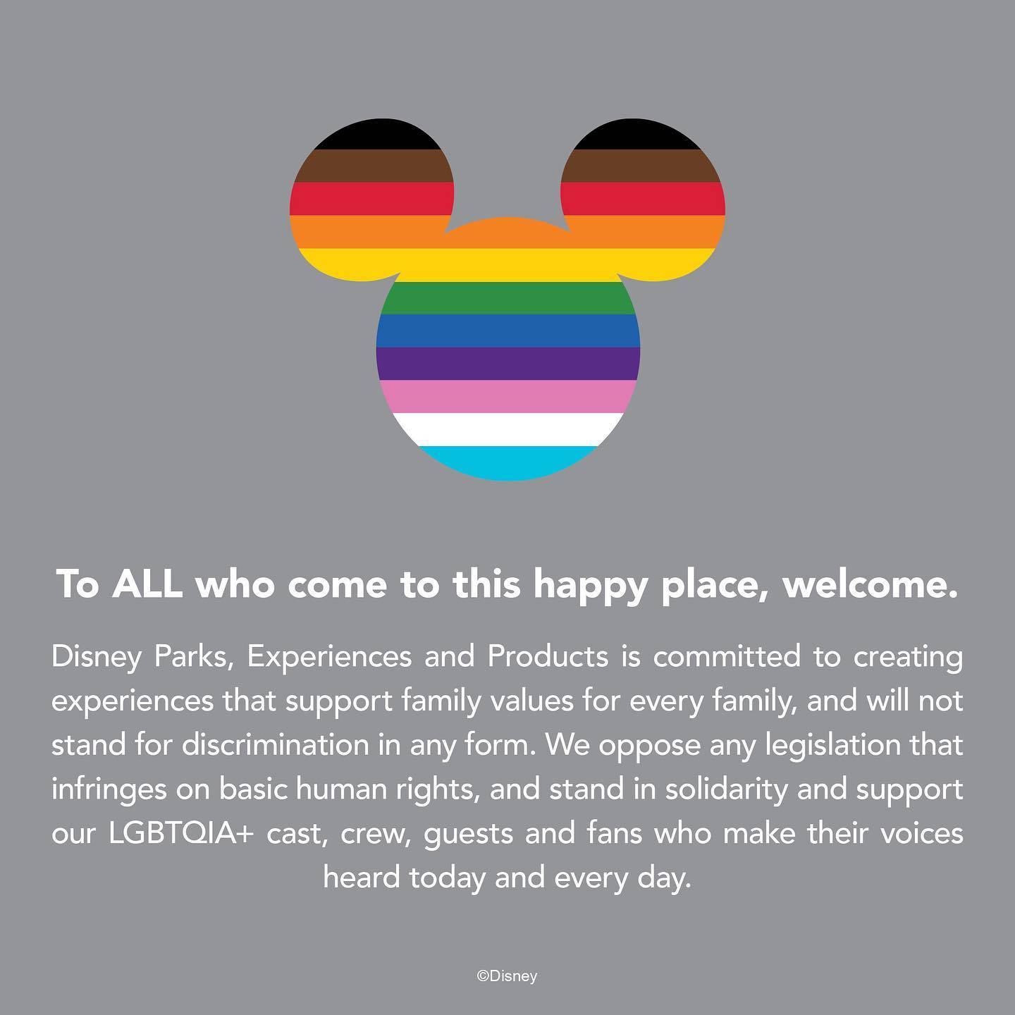 Disney Parks releases new statement in support of LGBTQIA+ cast, crew, and guests opposing Florida's 'Don't Say Gay Bill'