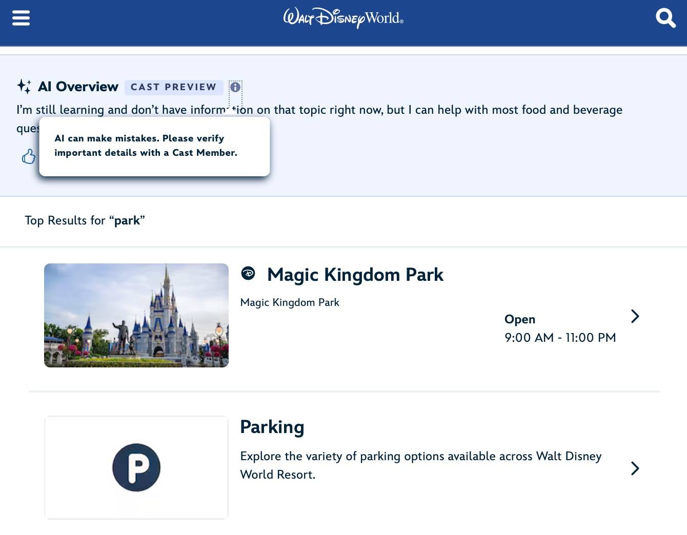 Disney World Website AI Overview — Screenshots from Early Testing