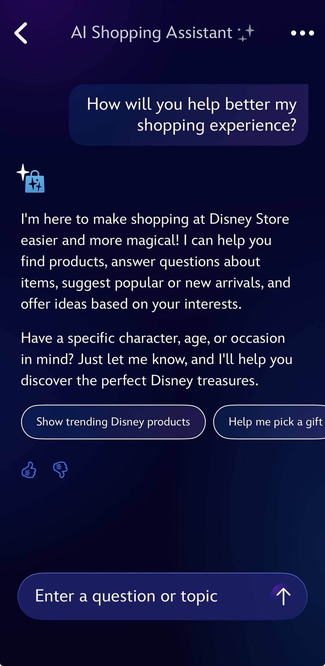Disney Store AI shopping results with product suggestions and prices
