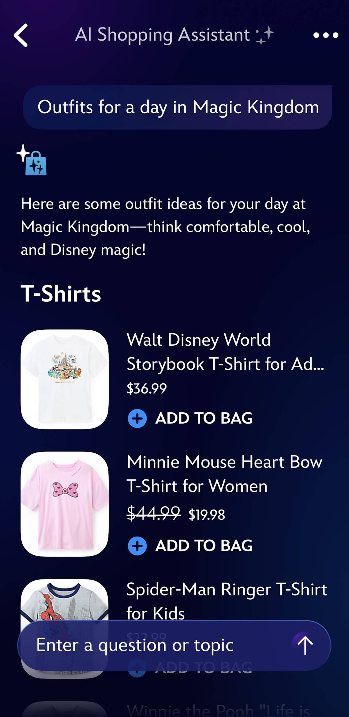 Disney Store AI assistant suggesting park day outfits