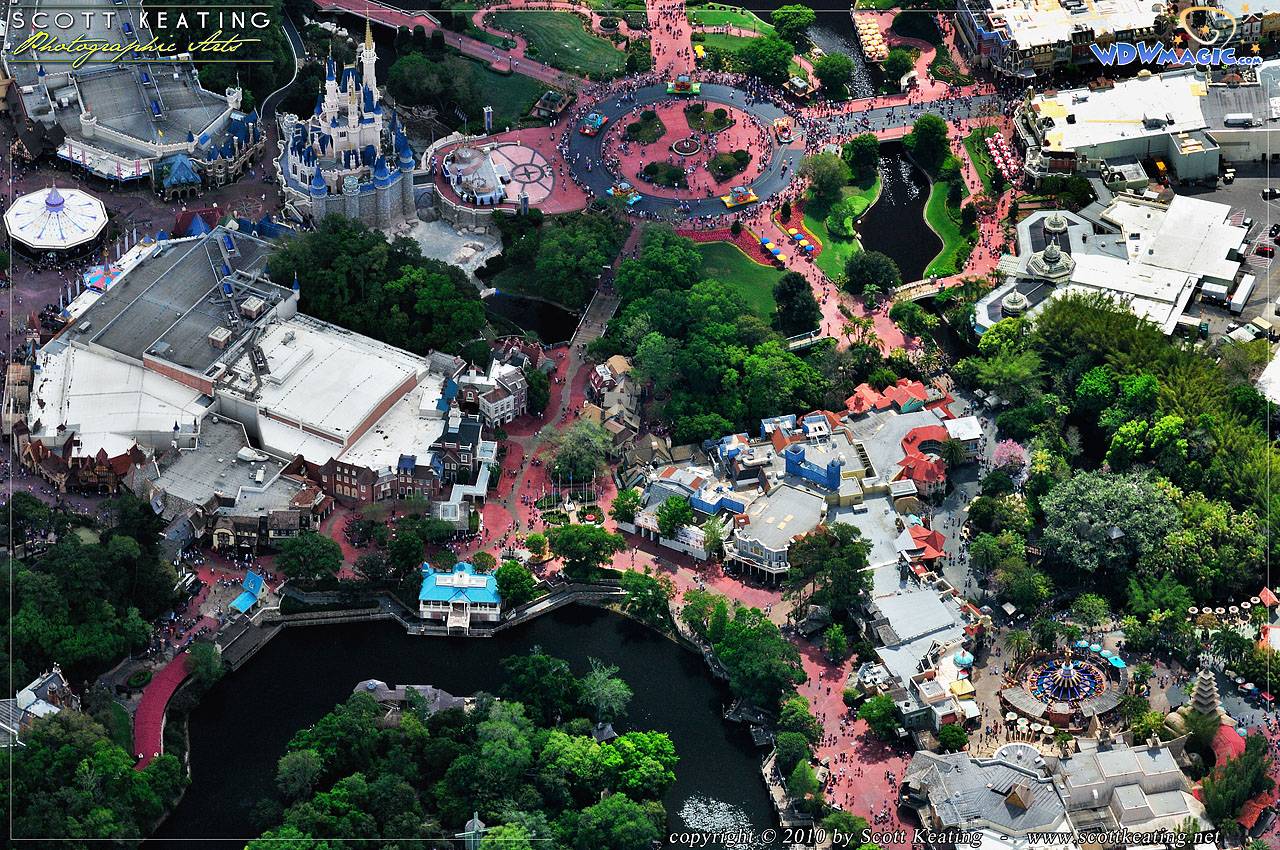 An overhead look at the Magic Kingdom's Adventureland, Frontierland, Liberty Square, and Fantasyland