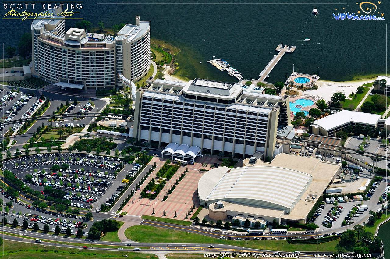 The entire Contemporary Resort complex, the convention center in the lower right, Contemporary Resort tower in the center, and Bay Lake Tower in the upper left.