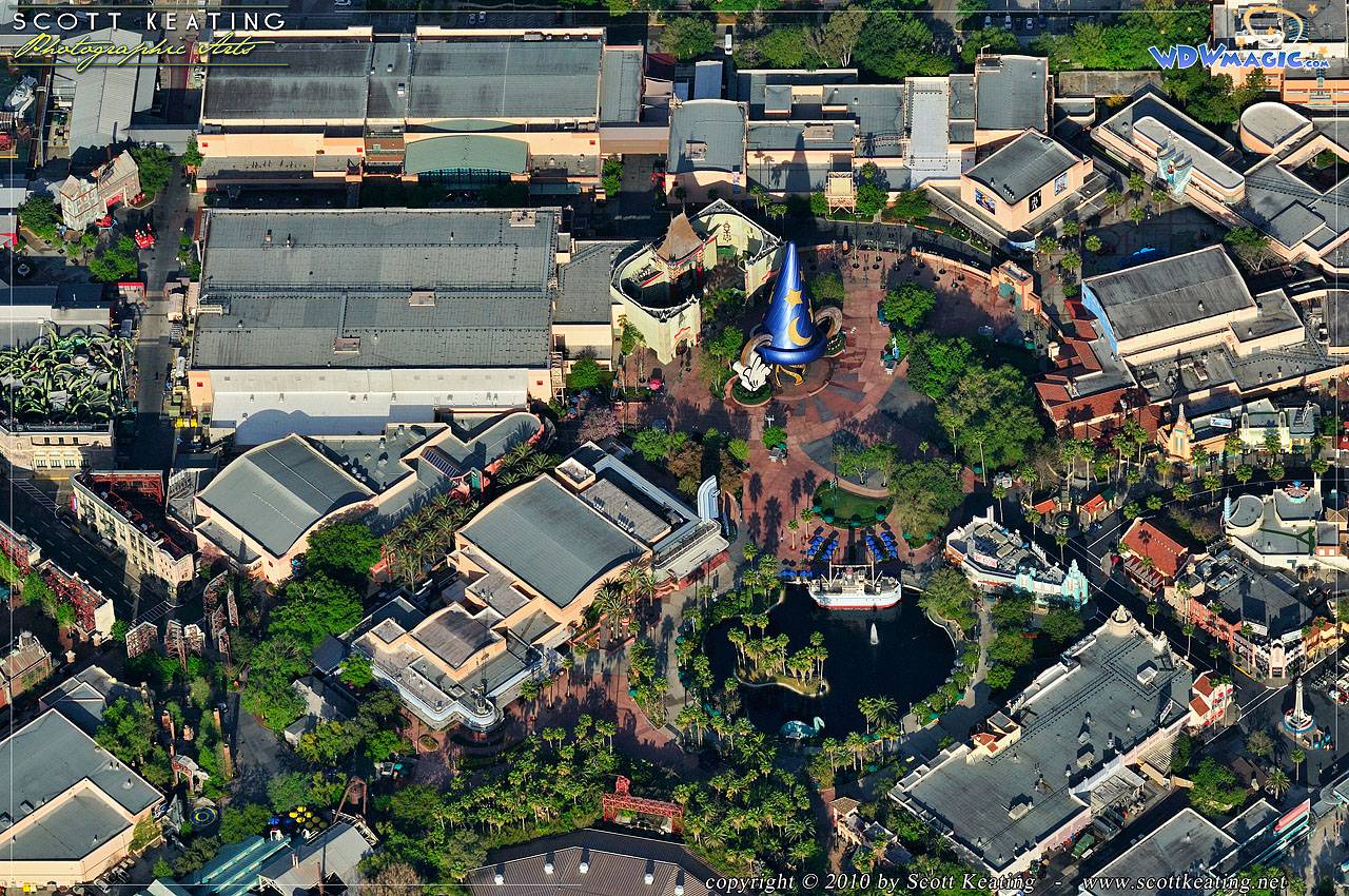 Disney's Hollywood Studios - Pixar Place in the upper left, The Great Movie Ride center, Hollywood Blvd lower right, Sunset Blvd center right, Animation Courtyard upper right, Star Tours lower left, Streets of America center left.