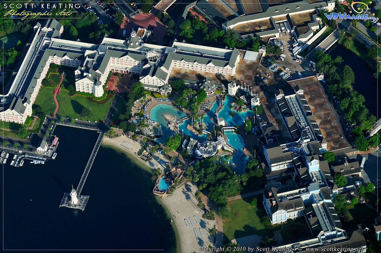 Disney's Yacht Club Resort in the upper left, Disney's Beach Club Resort to the right, and Stormalong Bay pool in the center.