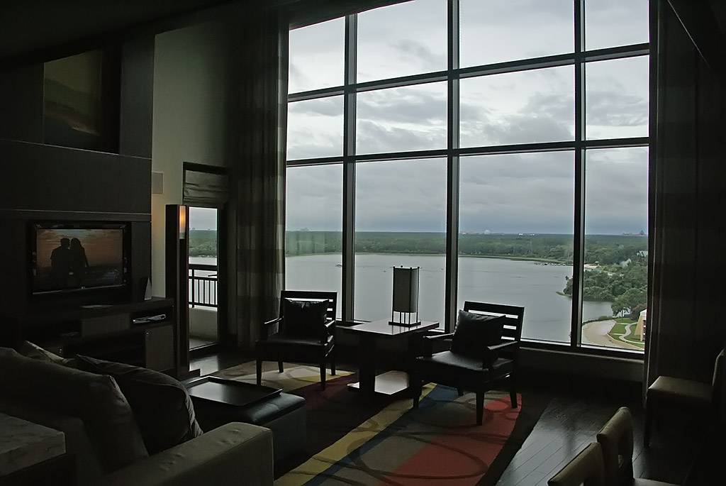 The view from the living area onto Bay Lake, Spaceship Earth and Expedition Everest are on the horizon