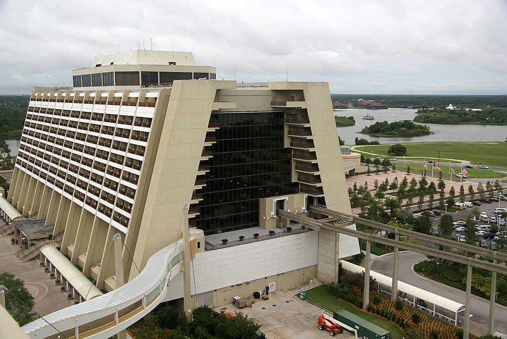 The main Contemporary Resort tower viewed from the outdoor deck at the Top of the World Lounge