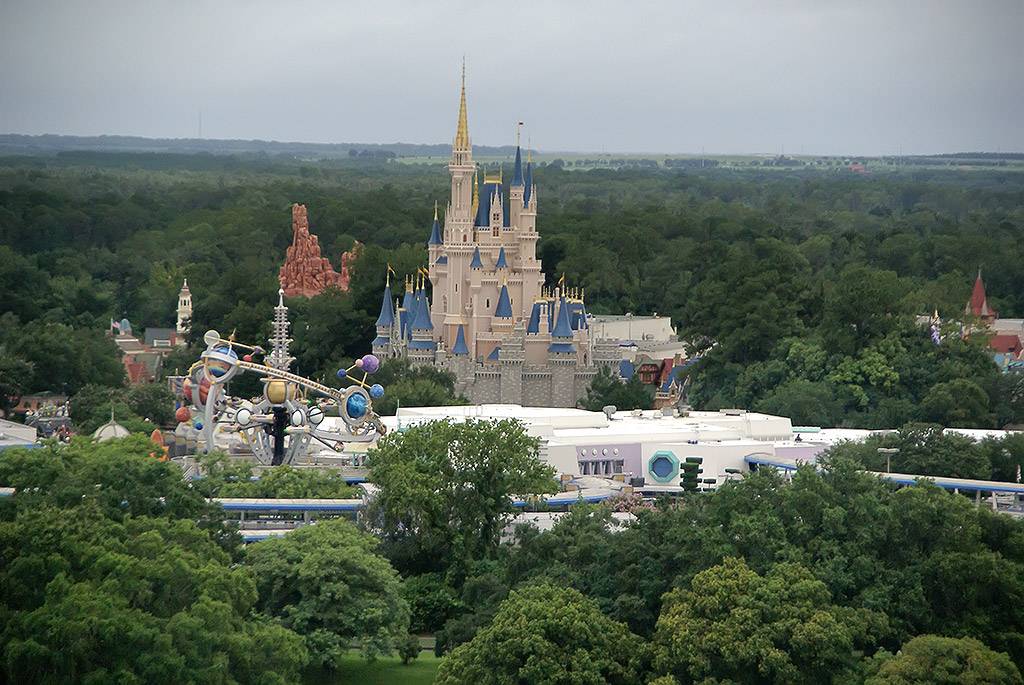 Cinderella Castle viewed from the outdoor viewing location on the Bay Lake Tower rooftop