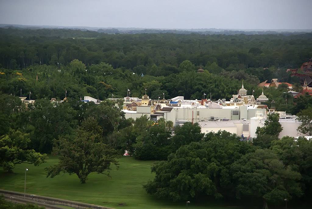 Main Street USA viewed from the outdoor viewing location on the Bay Lake Tower rooftop