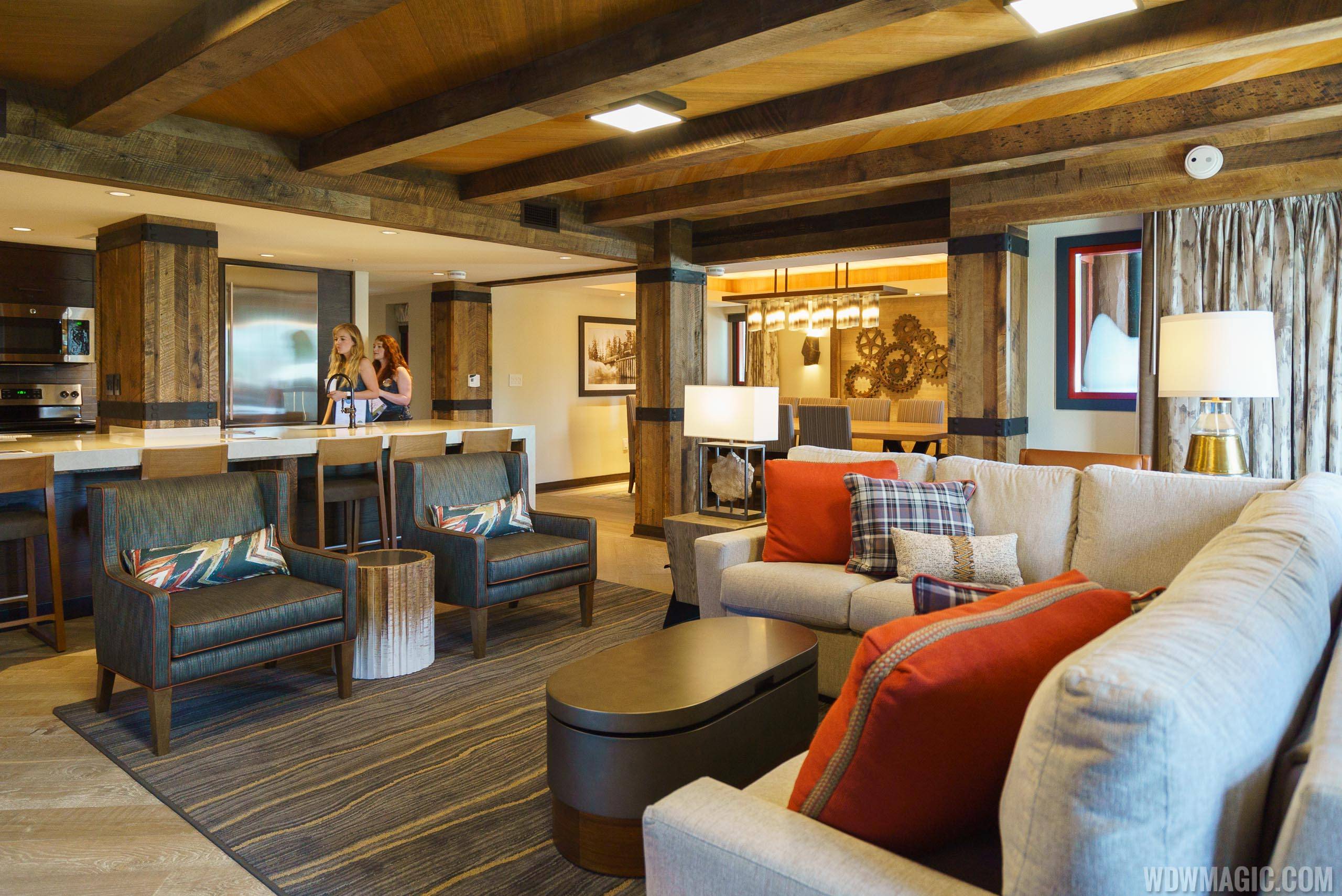 Copper Creek Villas and Cabins at Disney's Wilderness Lodge - 3 Bedroom Grand Villa Living Room, Kitchen and Dining Room