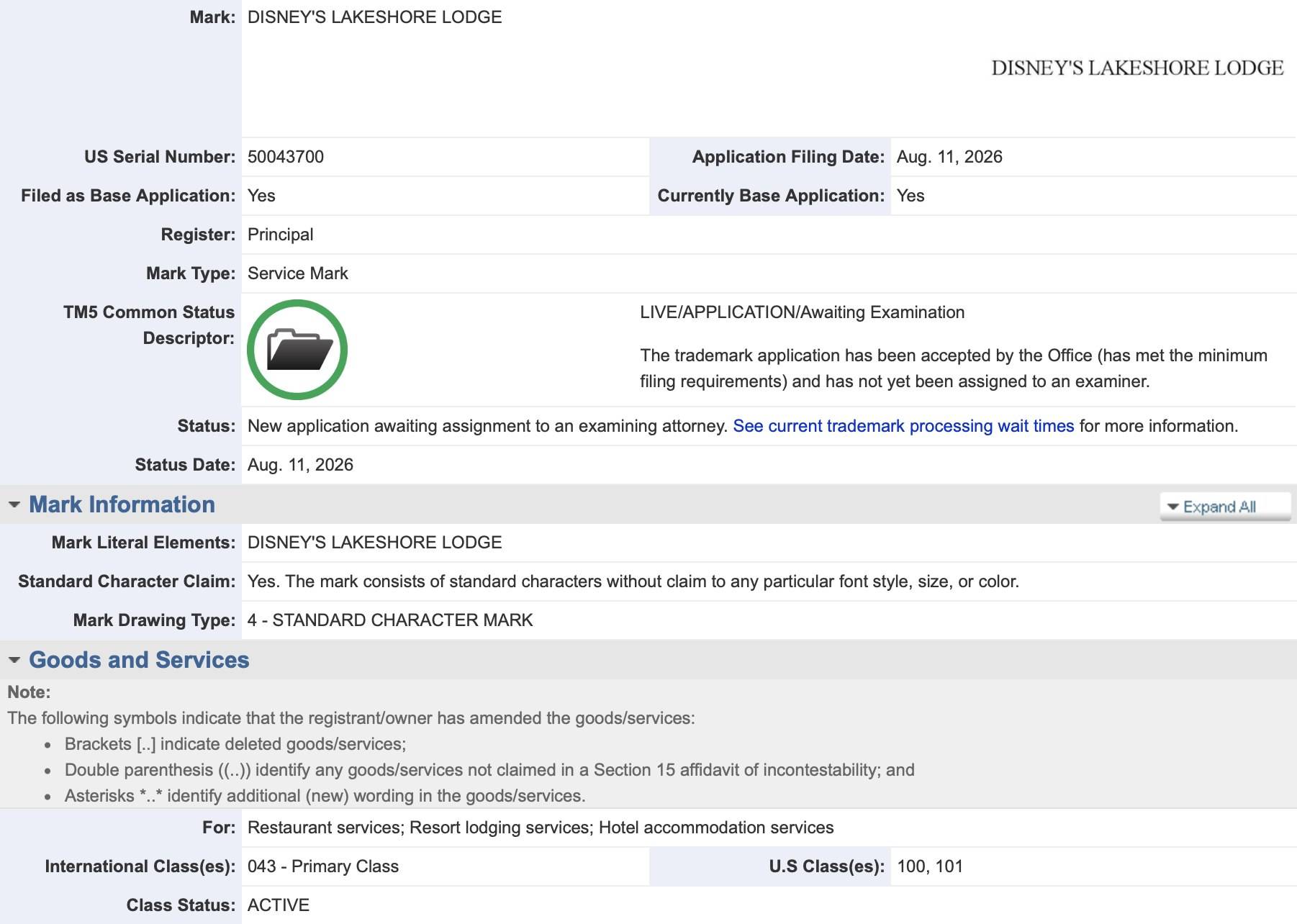Disney's Lakeshore Lodge Name Change — Trademark Filing