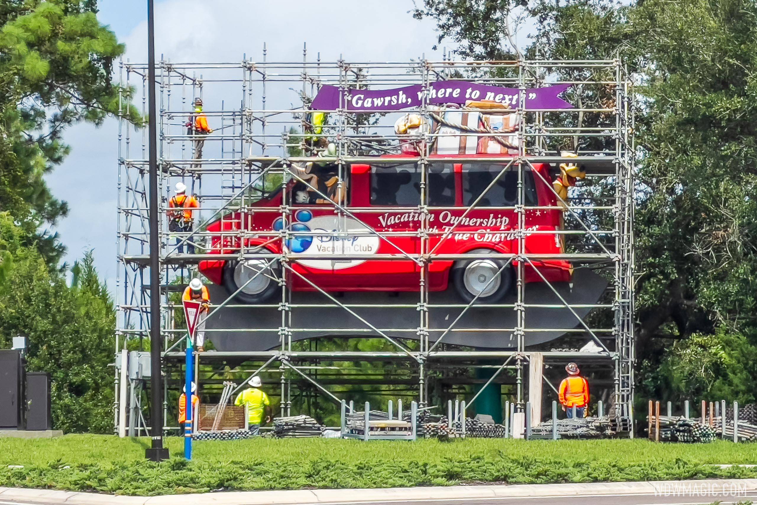 Disney Vacation Club billboard wrapped in scaffolding for refurbishment