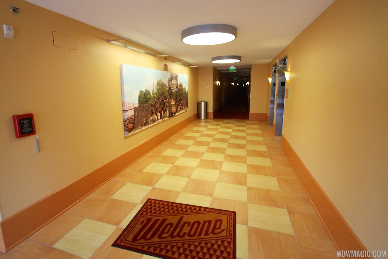 Inside the hallways of the Cars section of Disney's Art of Animation Resort