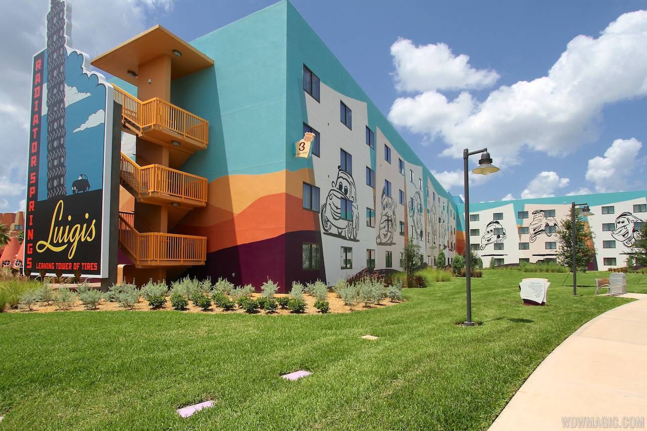 The rear of the Cars section buildings at Disney's Art of Animation Resort