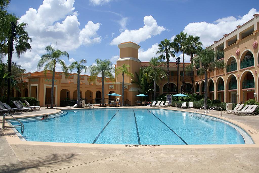 Casitas quiet pool with the La Vida Health Club in the background