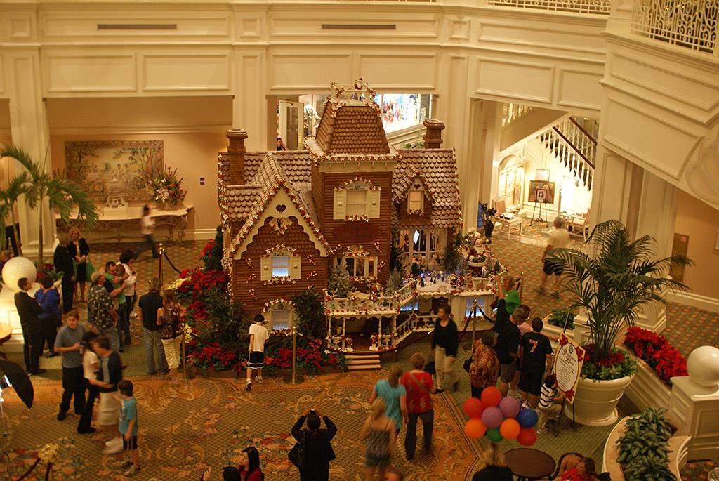 An overhead view of the Gingerbread House in The Grand Floridian lobby