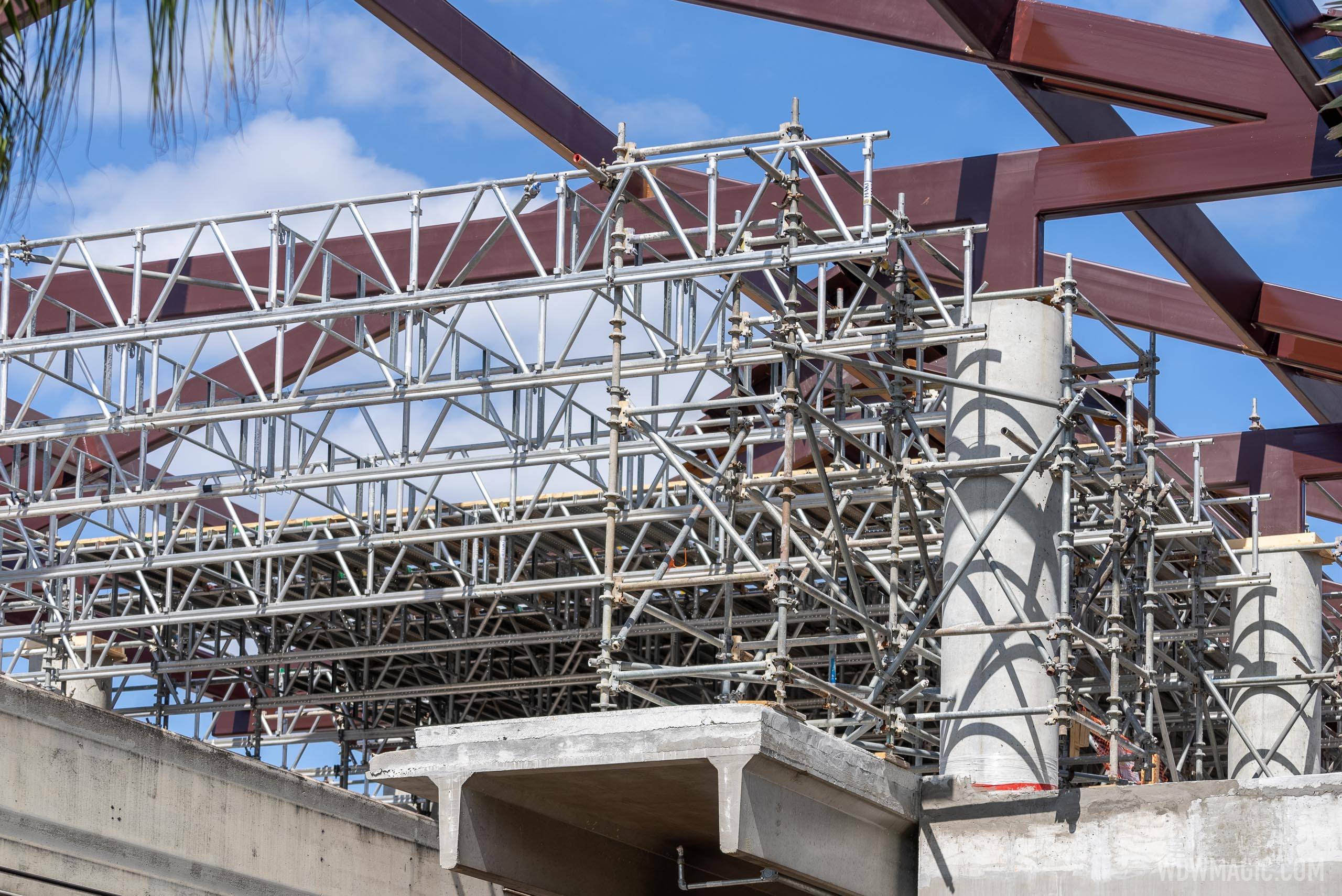 Closeup of the scaffolding work on the monorail station