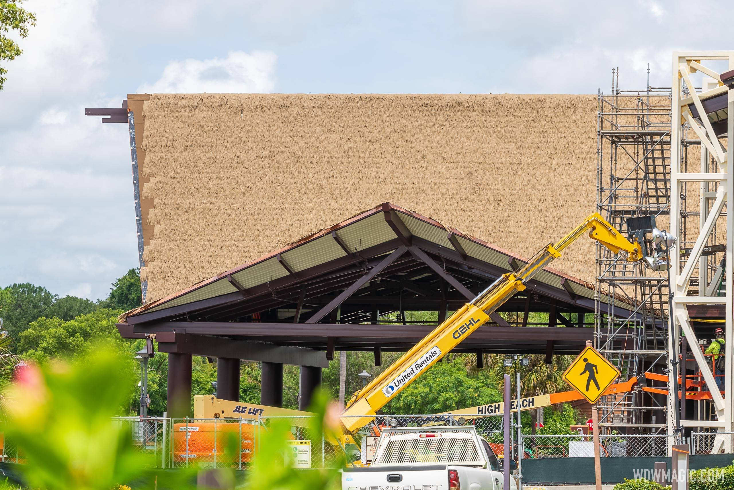 Thatched roof takes shape on the new porte-cochere at Disney's Polynesian Village Resort