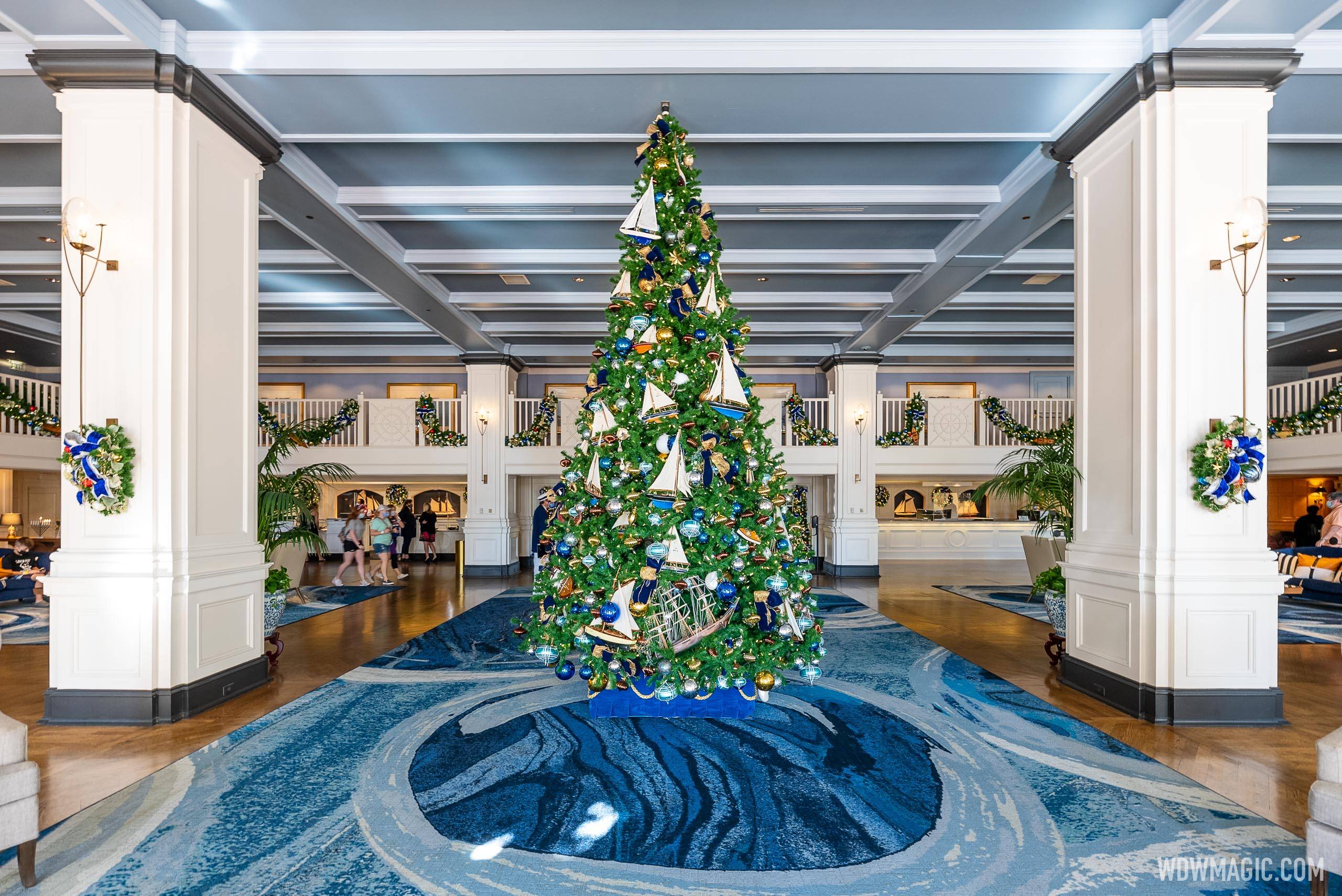 The Yacht Club Christmas Tree is in the center of the lobby
