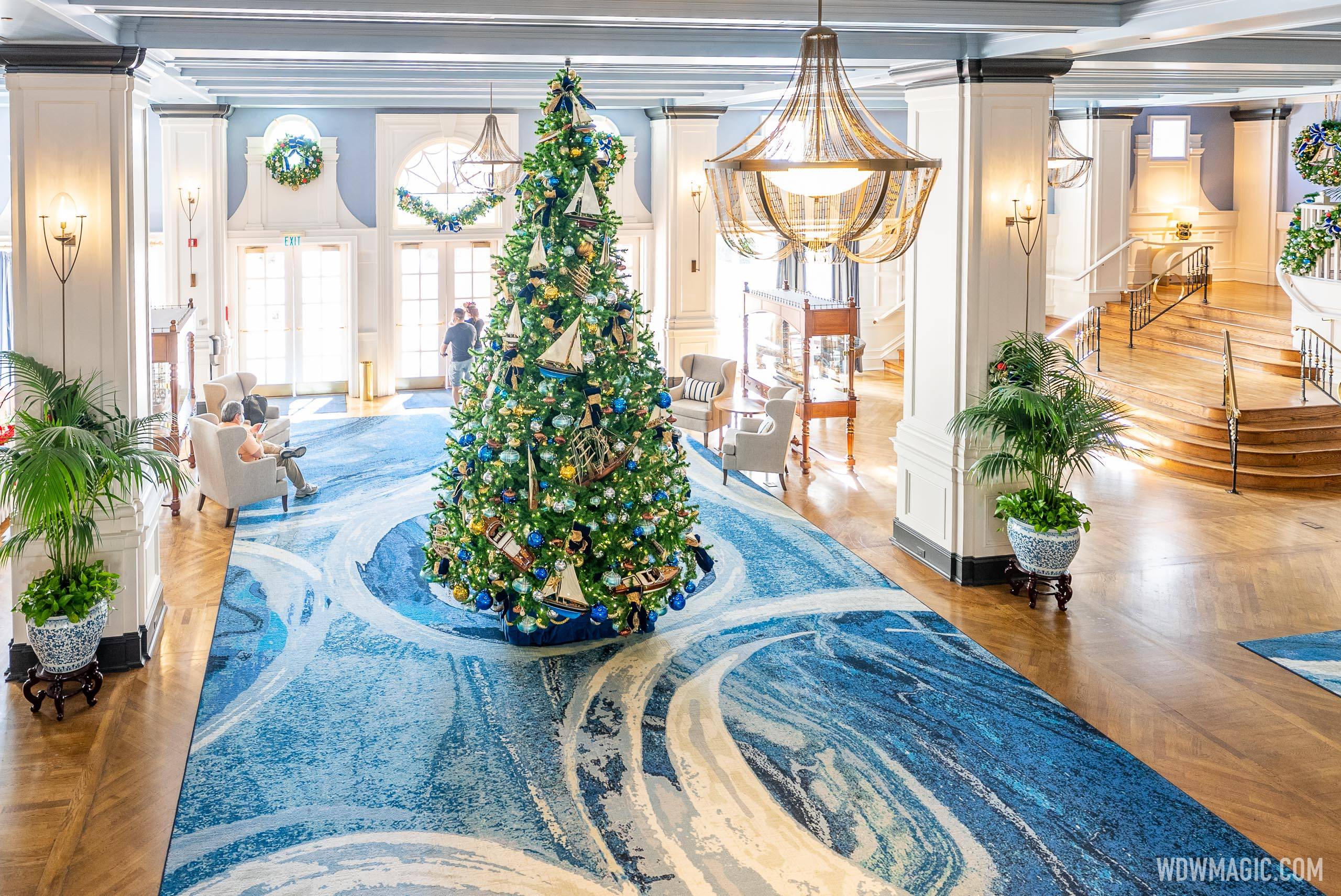 Looking down at the Christmas tree in the yacht Club lobby