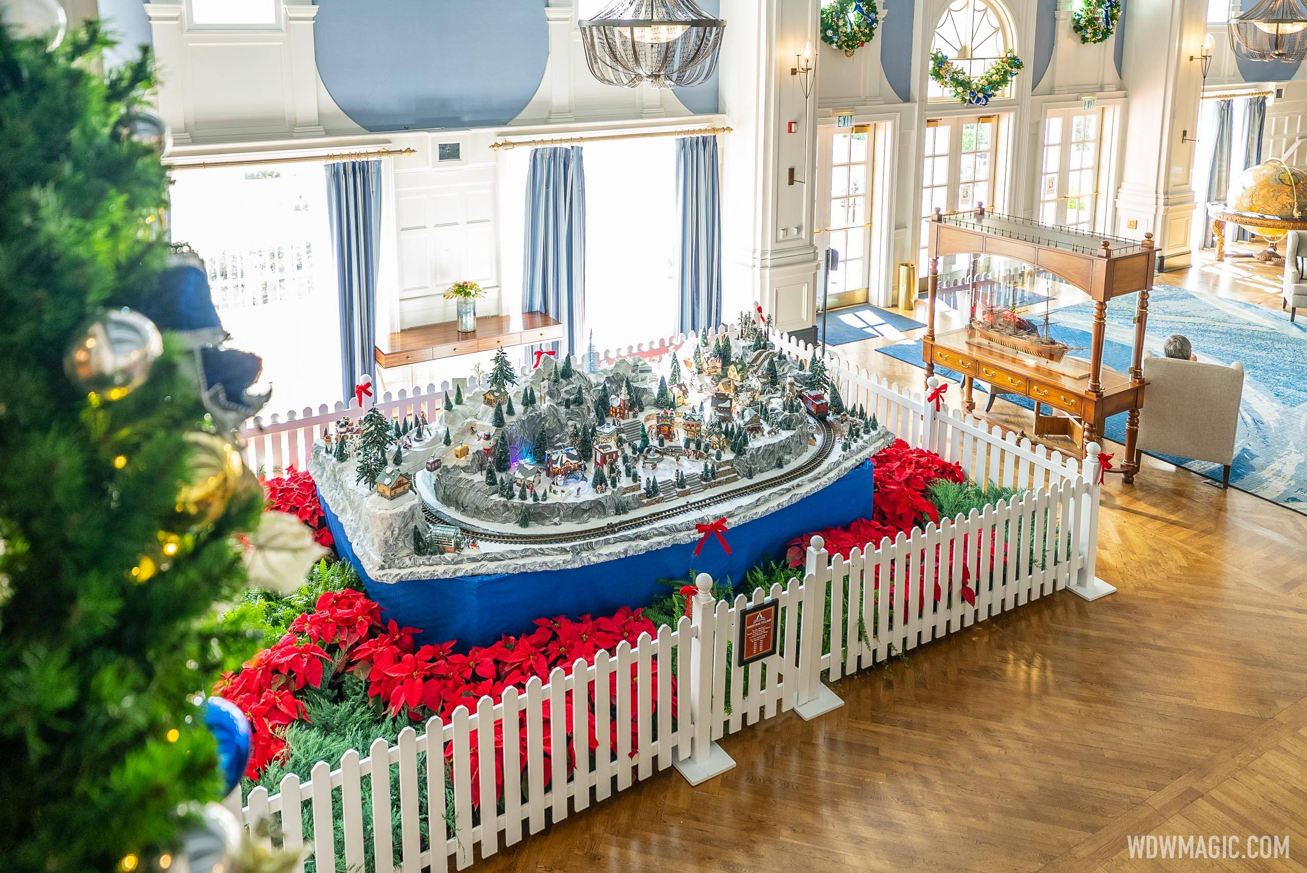 An overhead view of the Yacht Club Christmas model village