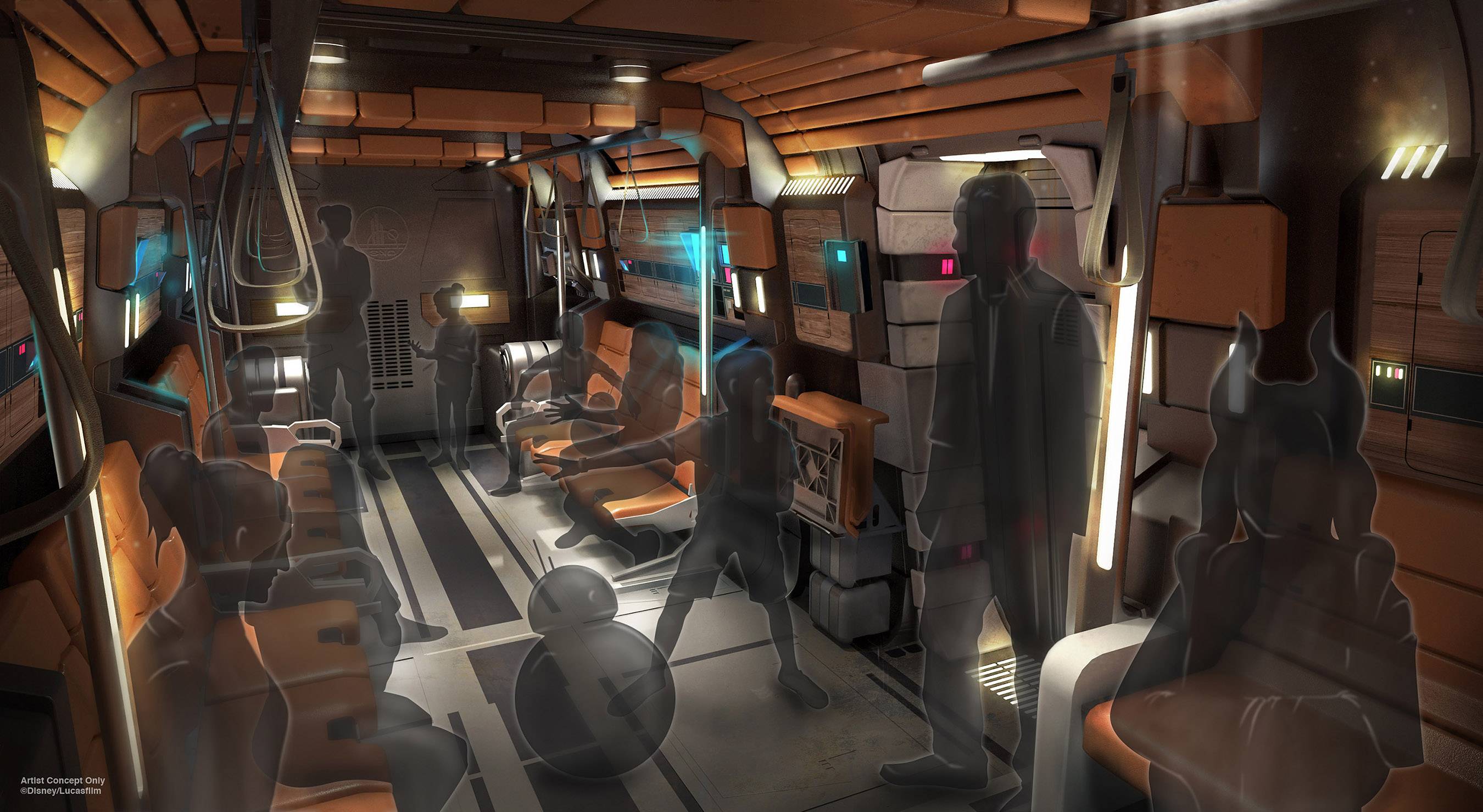 Inside the transport shuttle that will move guests from the Starcruiser to Galaxy's Edge
