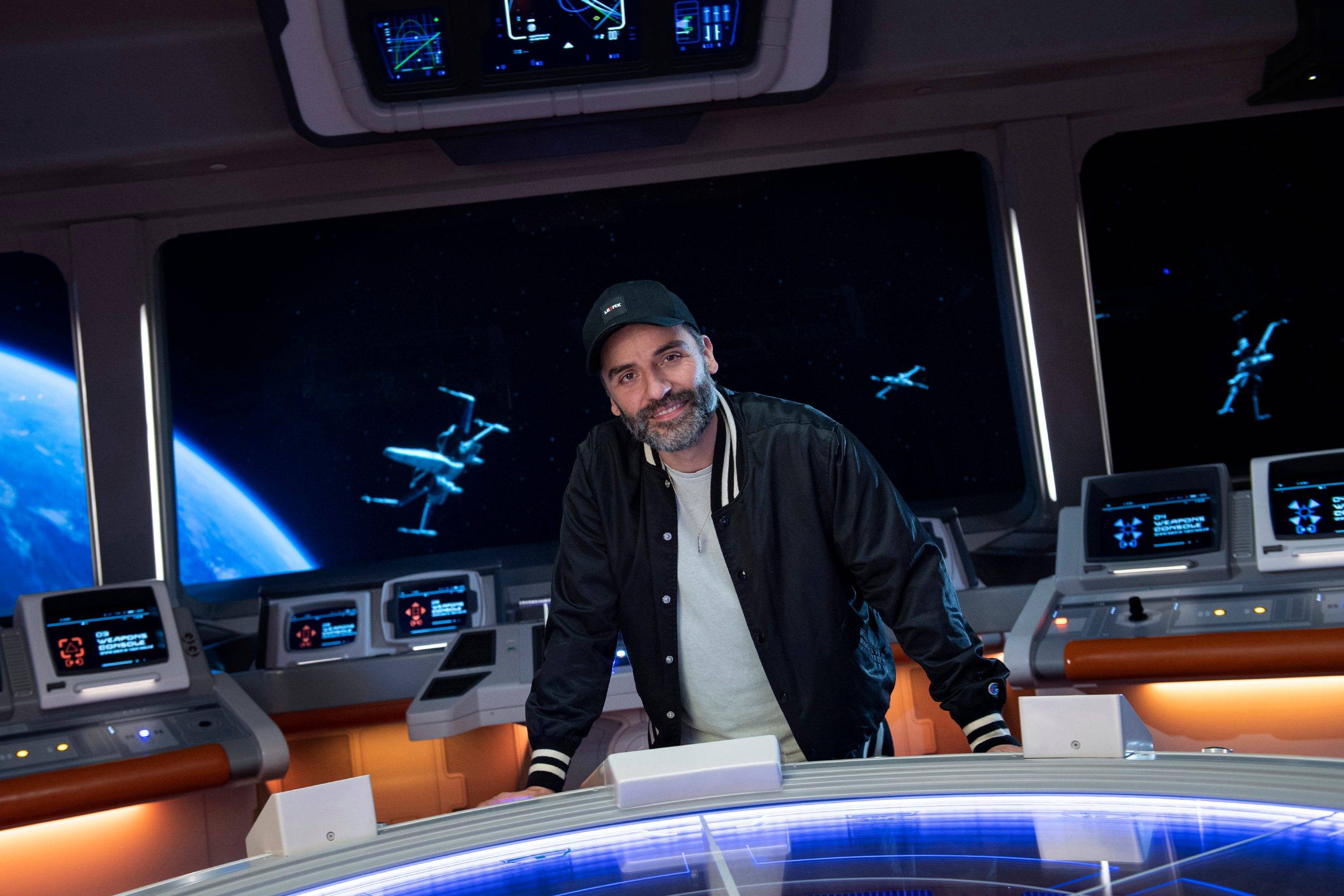 Oscar Isaac who played Poe Dameron in the latest Star Wars film trilogy visits Star Wars Galactic Starcruiser at Walt Disney World