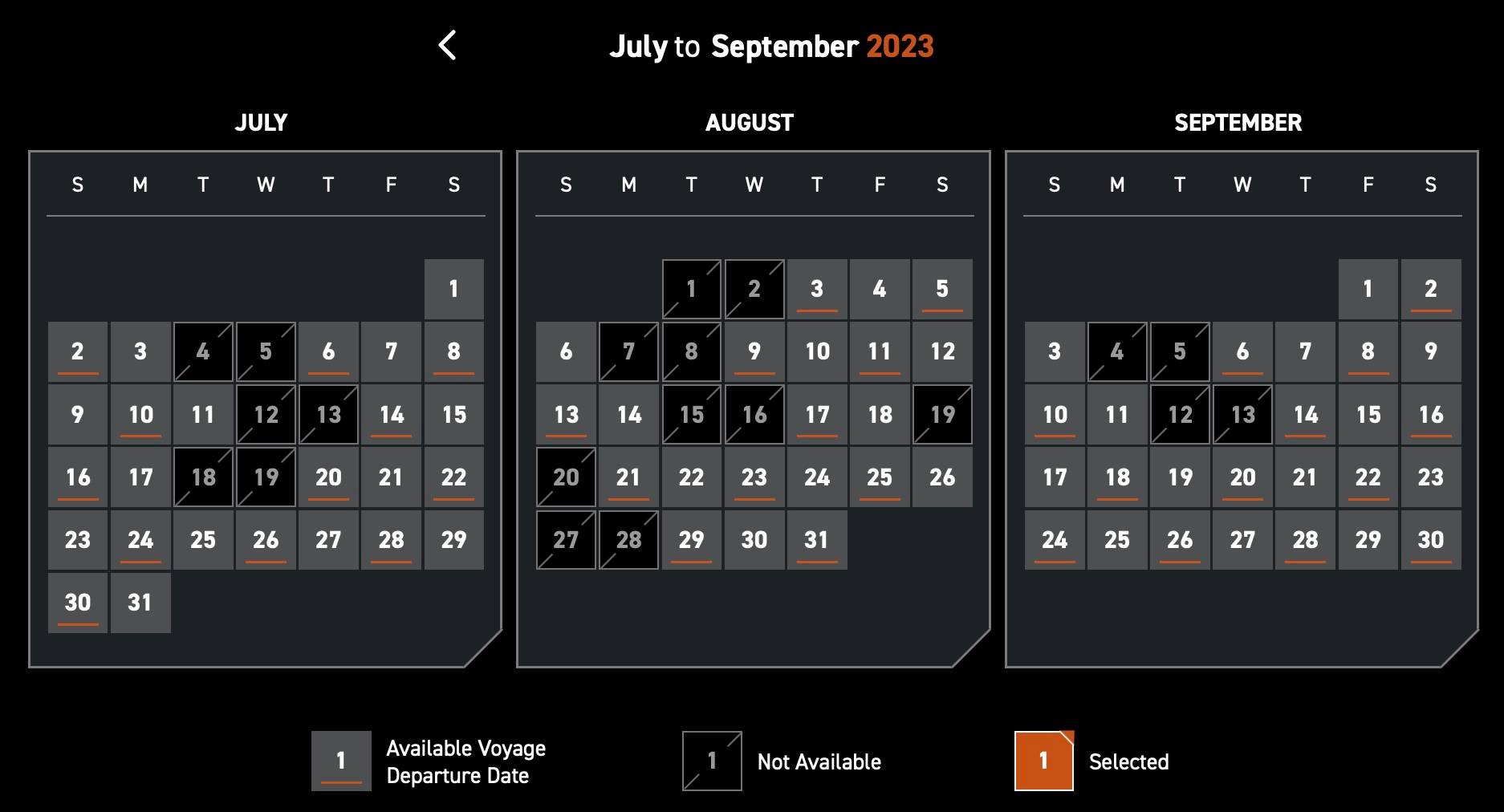 Star Wars Galactic Starcruiser July through September 2023 availability calendar