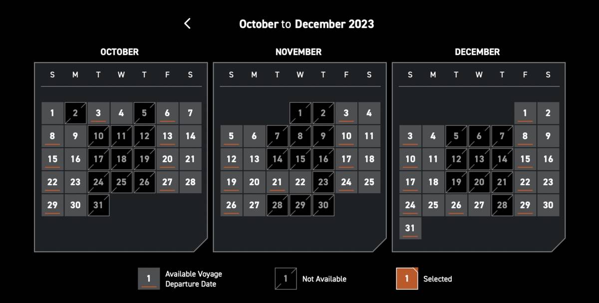 Star Wars Galactic Starcruiser October through December 2023 availability calendar