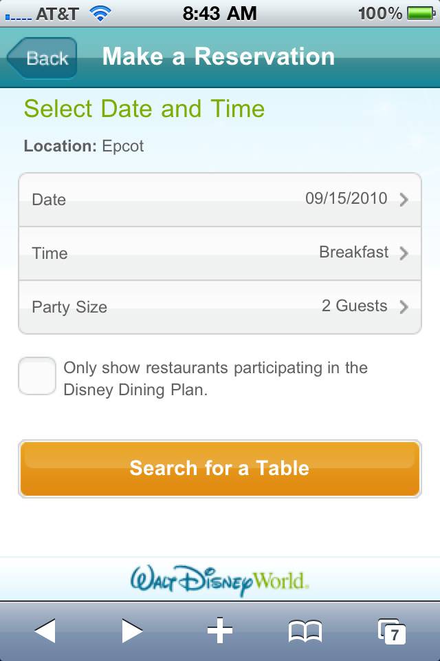 Disney introduce mobile web browser dining reservations
