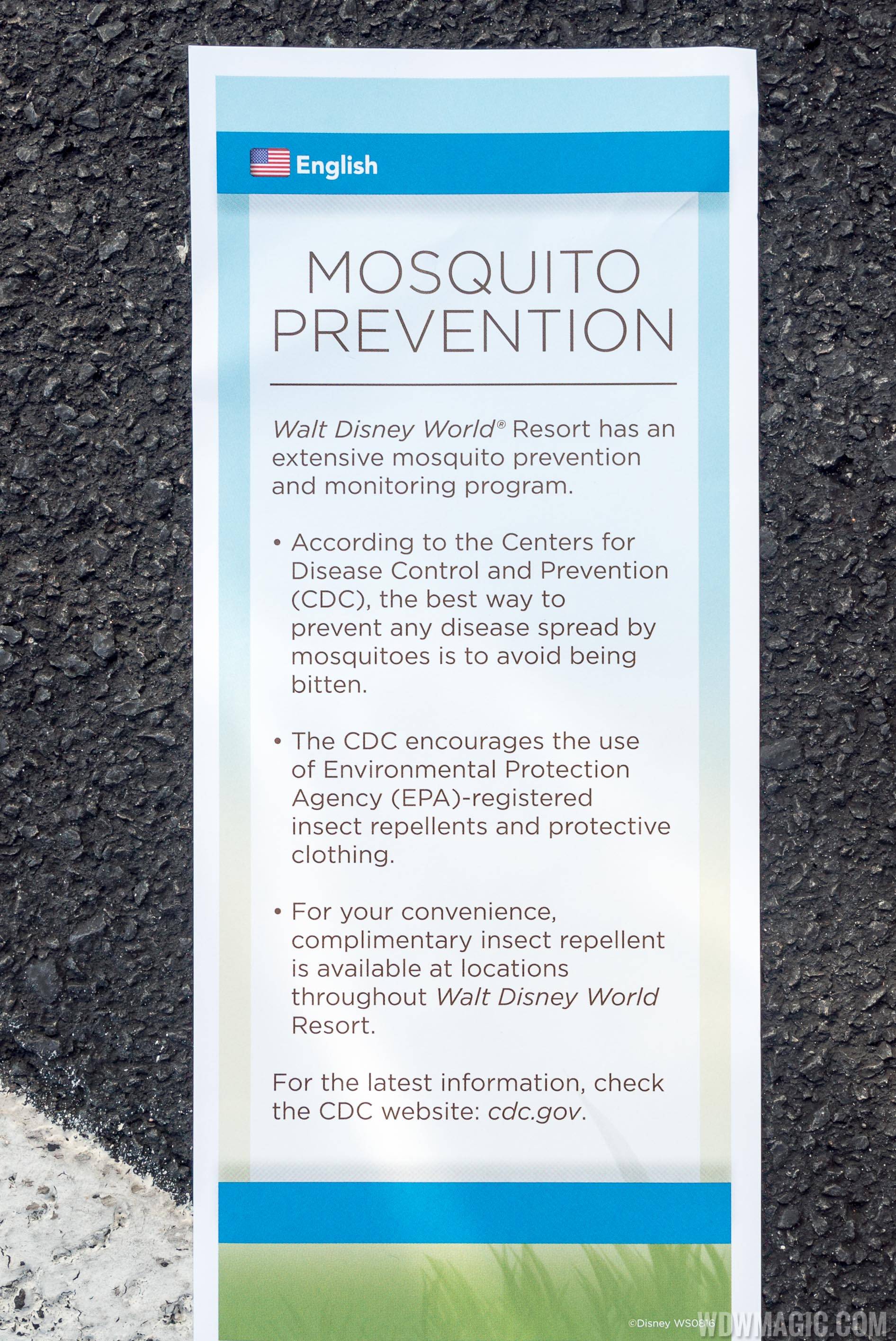 Mosquito control flyer given to guests at Walt Disney World