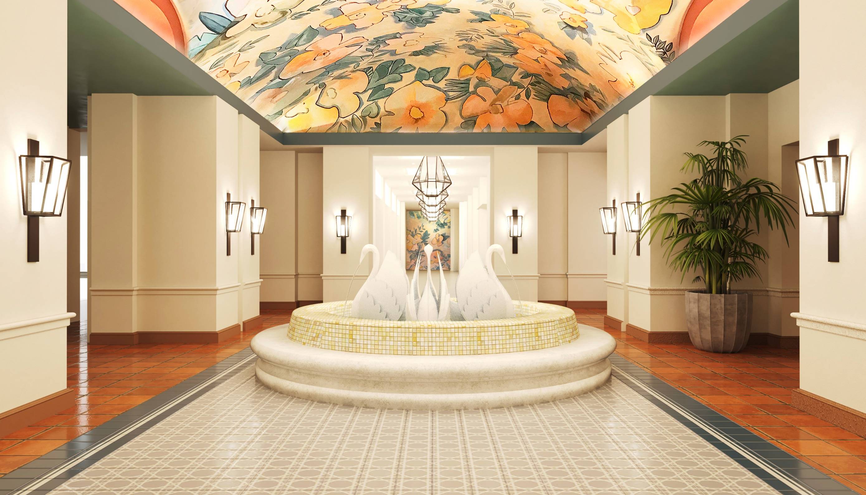 Concept art of the new lobby at Walt Disney World Swan