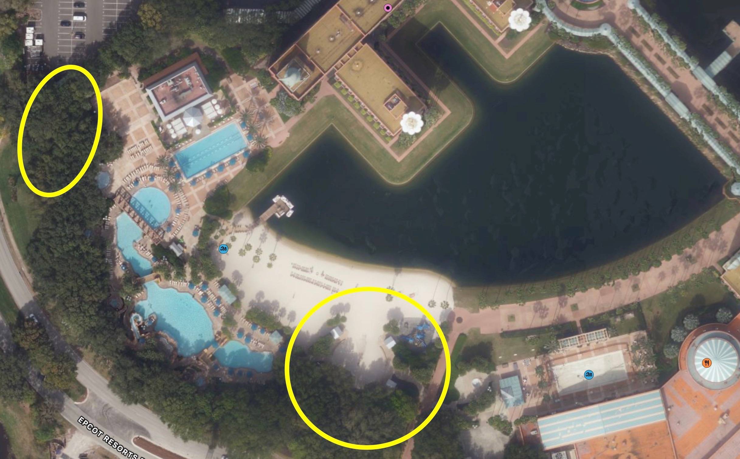 The circle on the right is the location of the new pools, and the circle on the left is the new playground area