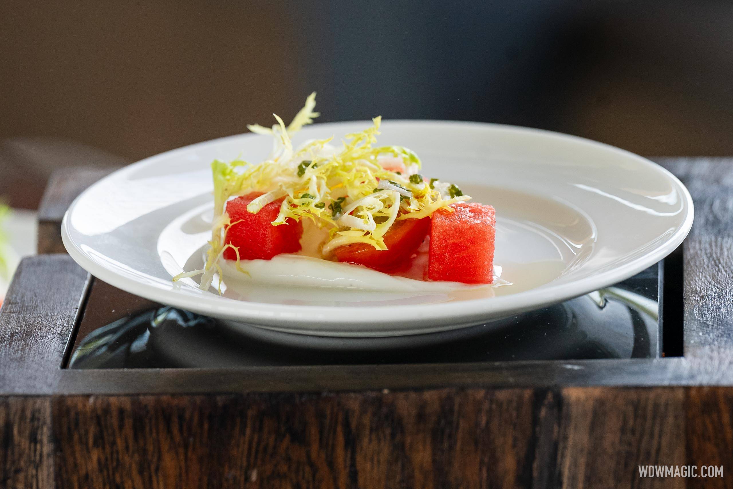 Compressed Late Harvest Watermelon with Spiced Labneh, Marinated Tomatoes, Frisée, Marinated Feta Cheese (from Cabana Bar and Beach Club)