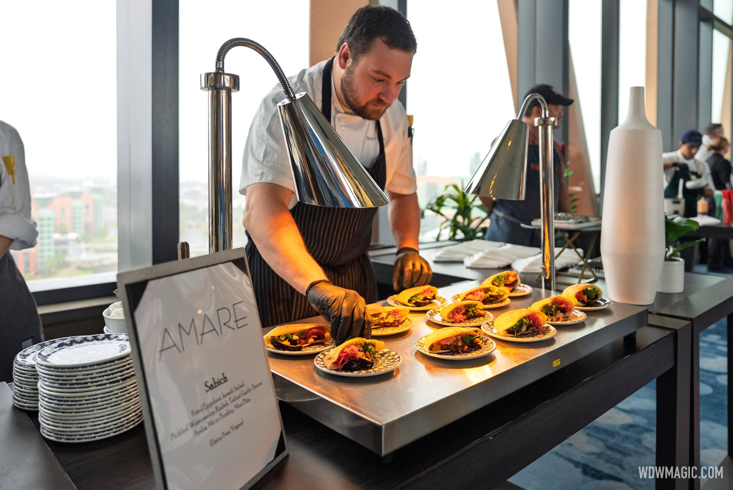 Sabich (Amare) – Fried eggplant with tahini garlic sauce, pickled watermelon radish, and mini pita.